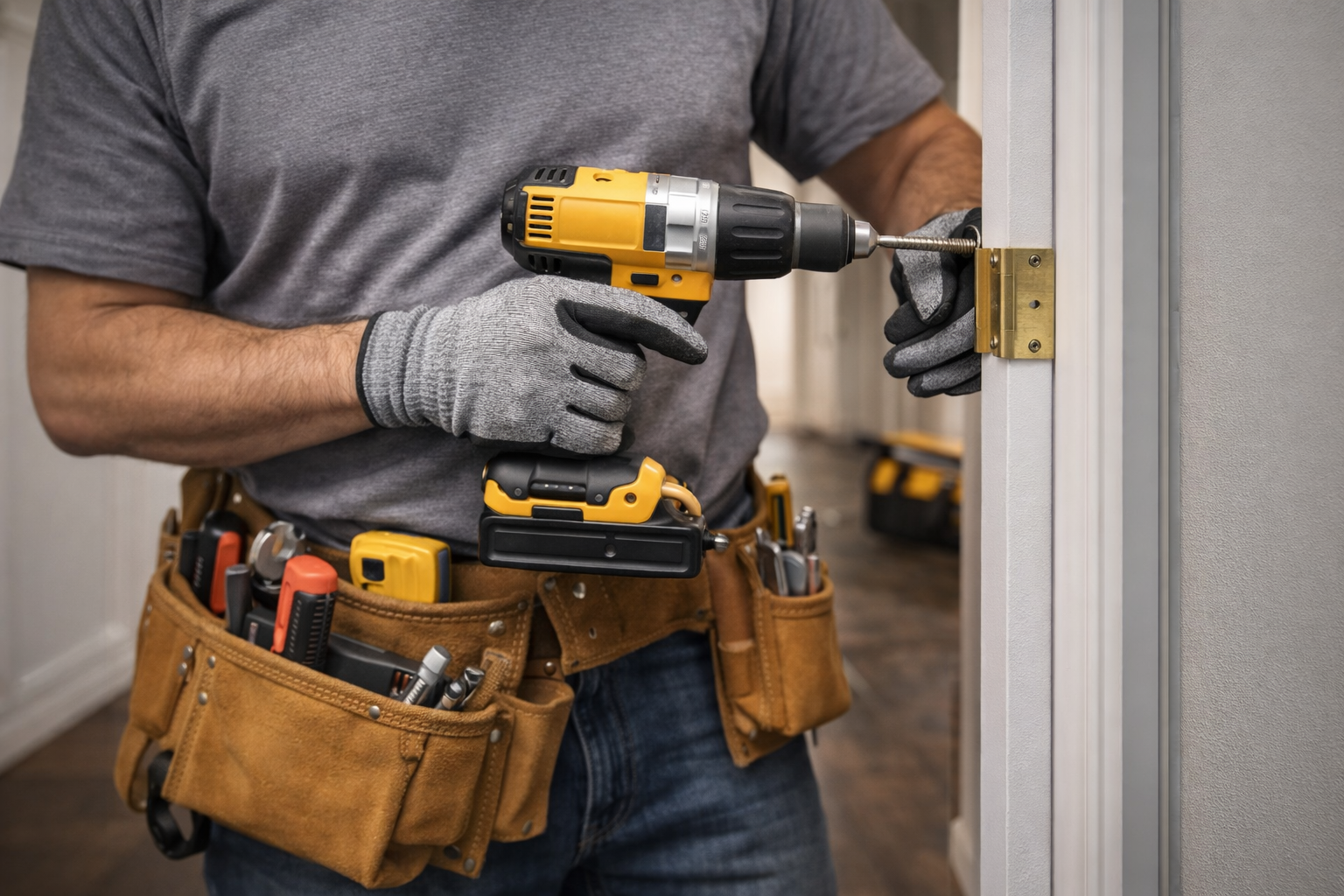 Handyman installing door hardware for interior home improvement project.