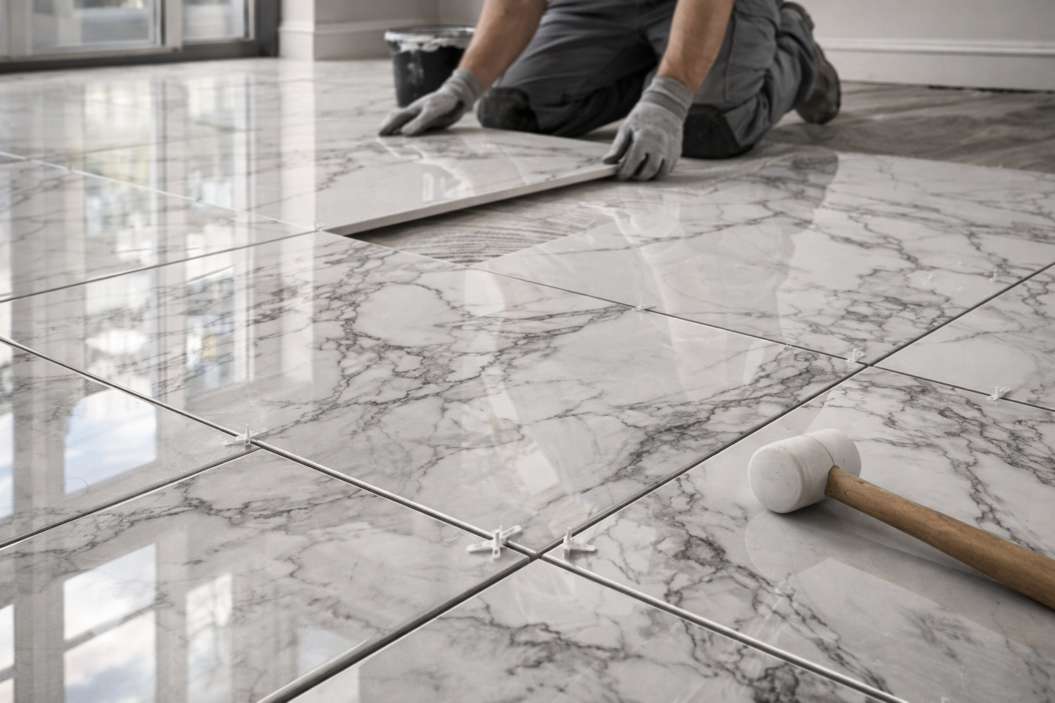 Contractor installing tile flooring during a kitchen renovation.