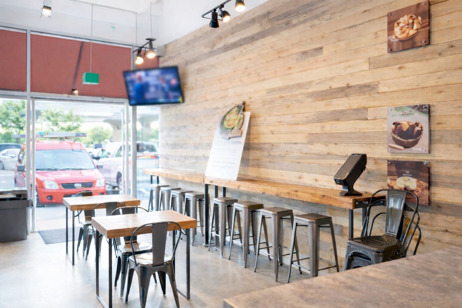 A restaurant with wooden walls and tables and chairs