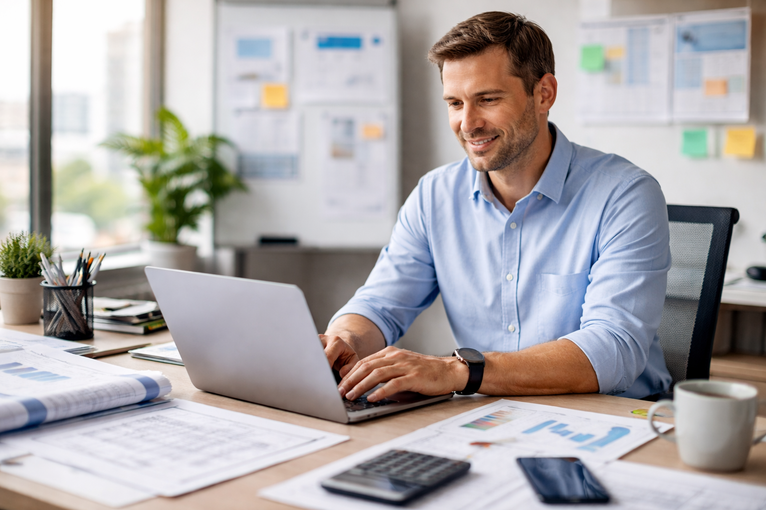 Office worker preparing construction permits on laptop.