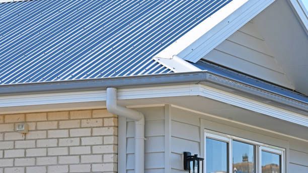 A house with a blue roof and white siding
