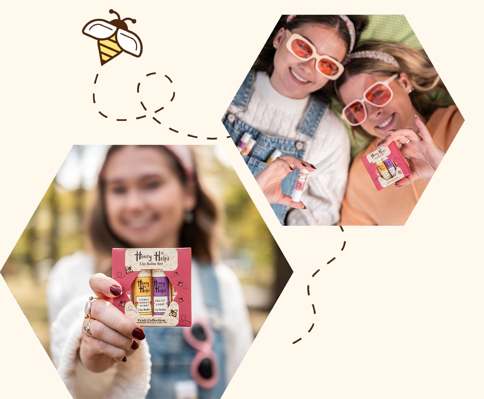 Honey and community fundraising graphic featuring raw honey, honeycomb, and smiling volunteers in yellow shirts