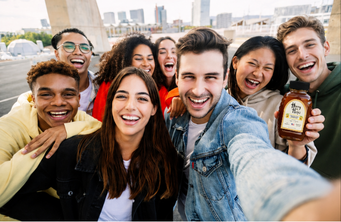 Group of friends smiling in a selfie outdoors holding a bottle of honey, with a city skyline in the background.