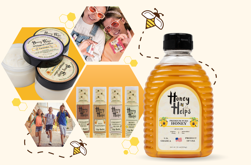 Honey Helps product collage featuring premium honey, whipped tallow balms, and natural lip balm collection