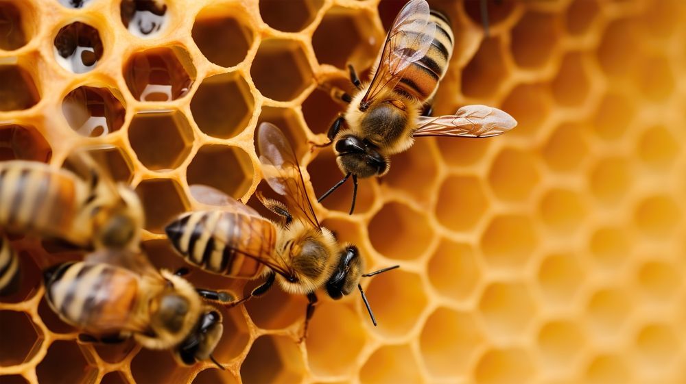 Bees on a honeycomb, orange cells and black and yellow striped bodies.