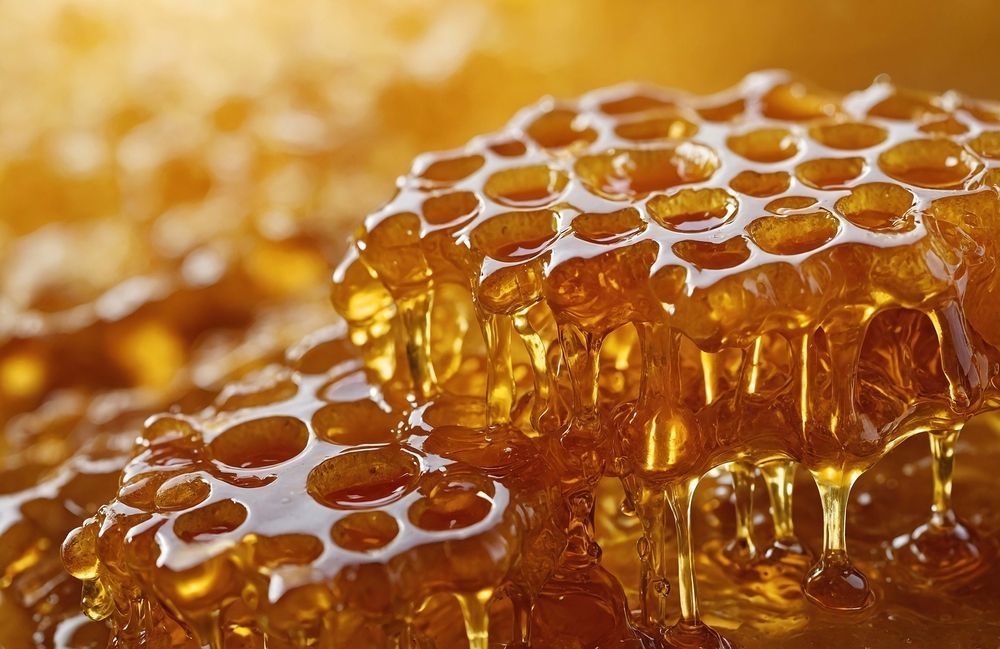 Honeycomb dripping with golden honey.
