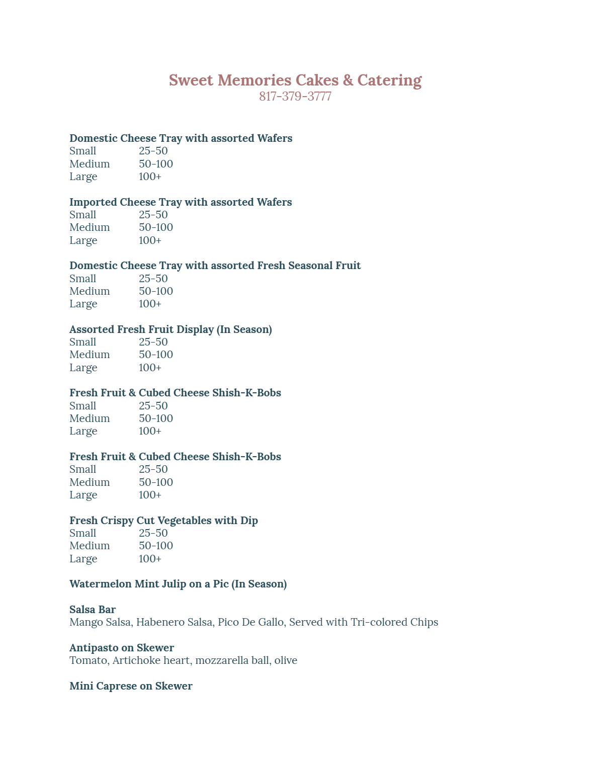 A list of cakes and catering items on a white background.