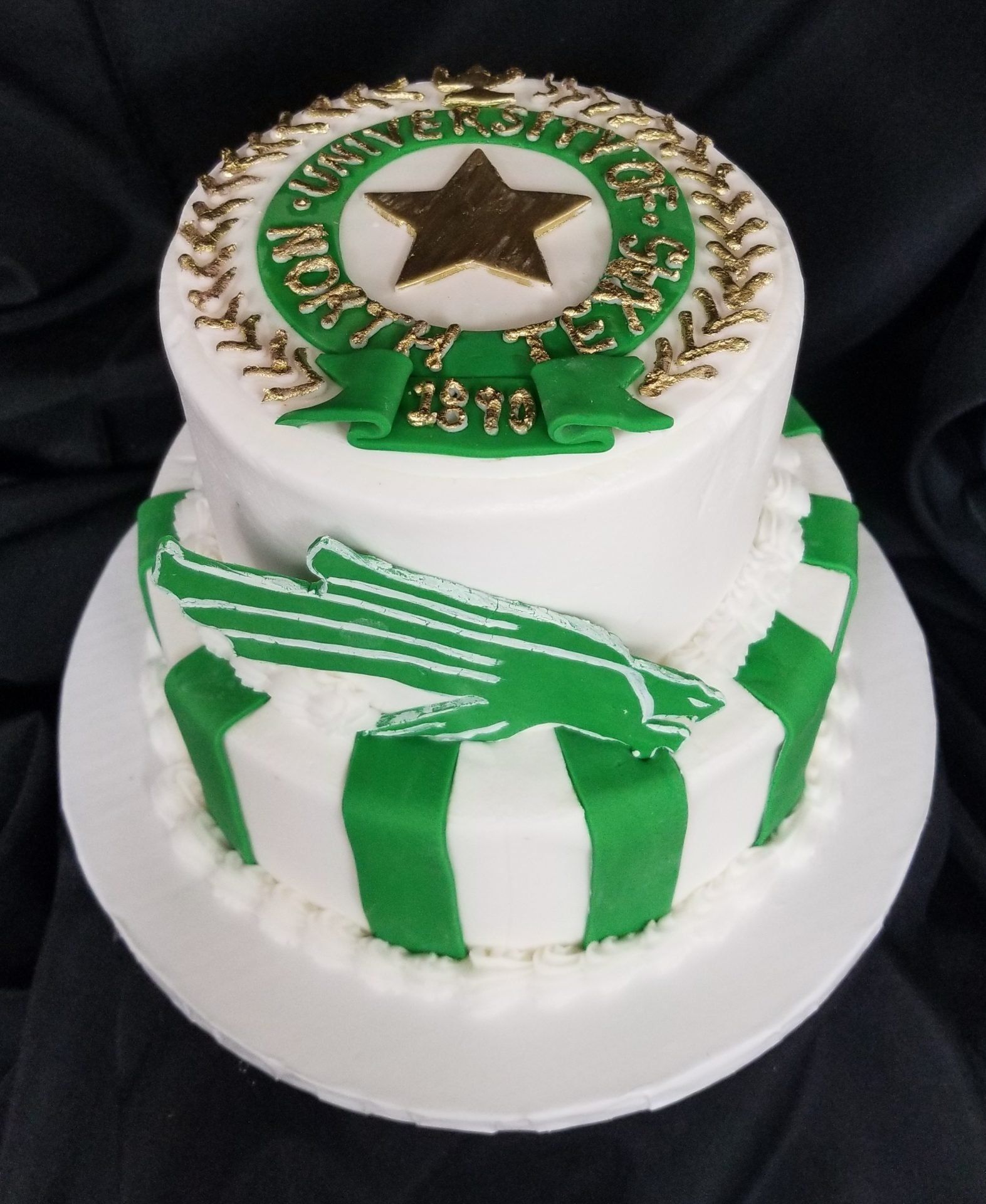 A green and white cake with the year 2010 on it