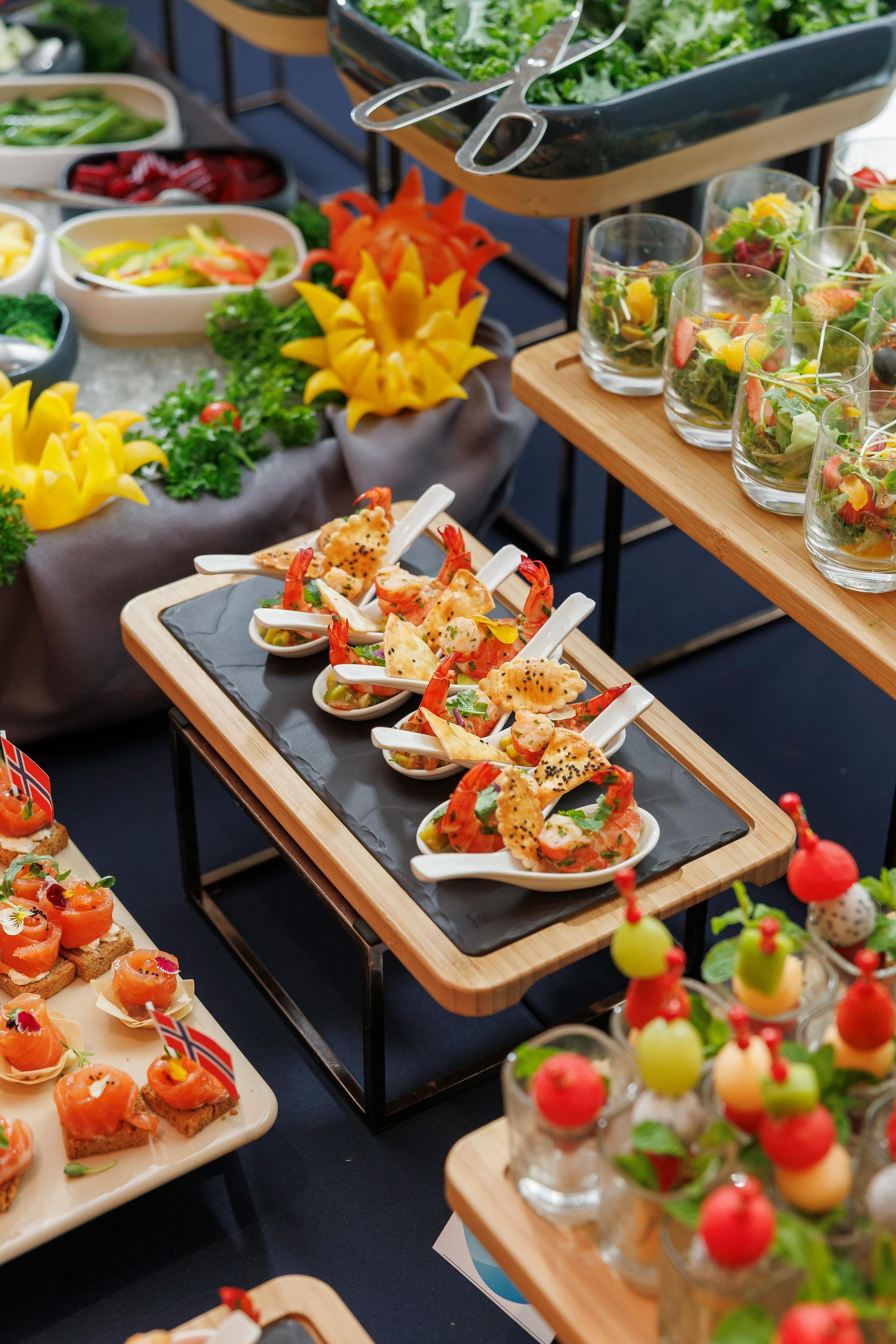 There are many different types of food on the tables.