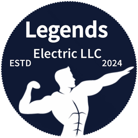 Dark navy circular logo reading “Legends Electric LLC,” with white flexing silhouette and “ESTD 2024.”