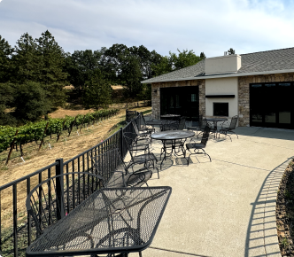 A sunny outdoor patio with metal tables and chairs, overlooking a vineyard beside a stone building with a fireplace.