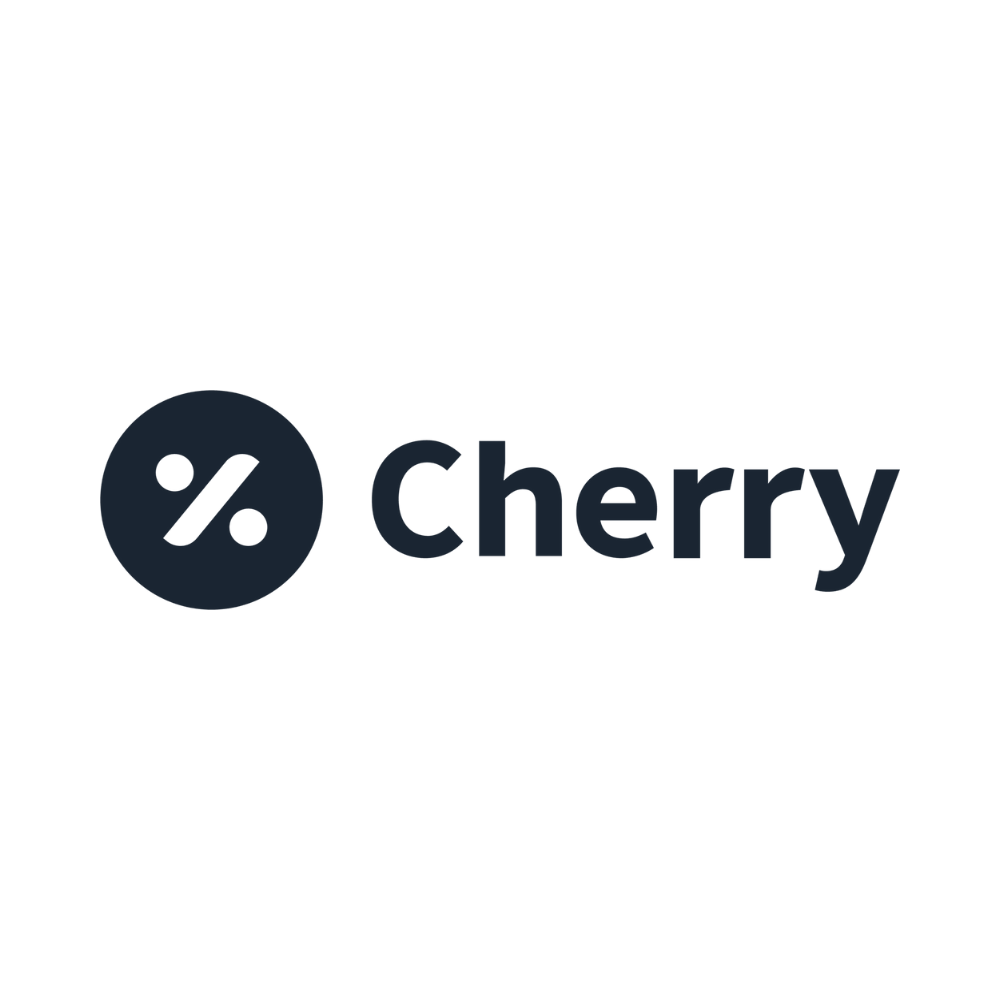 The logo for cherry is a black and white logo with a percentage in a circle.