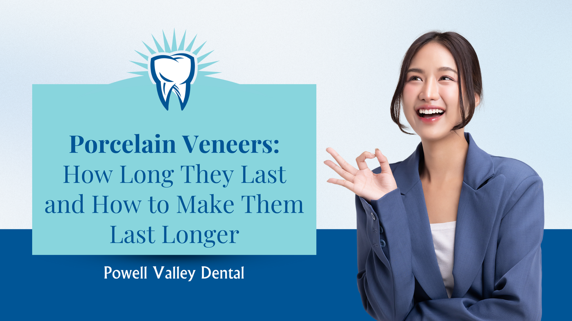 Woman smiles and gestures, the text 