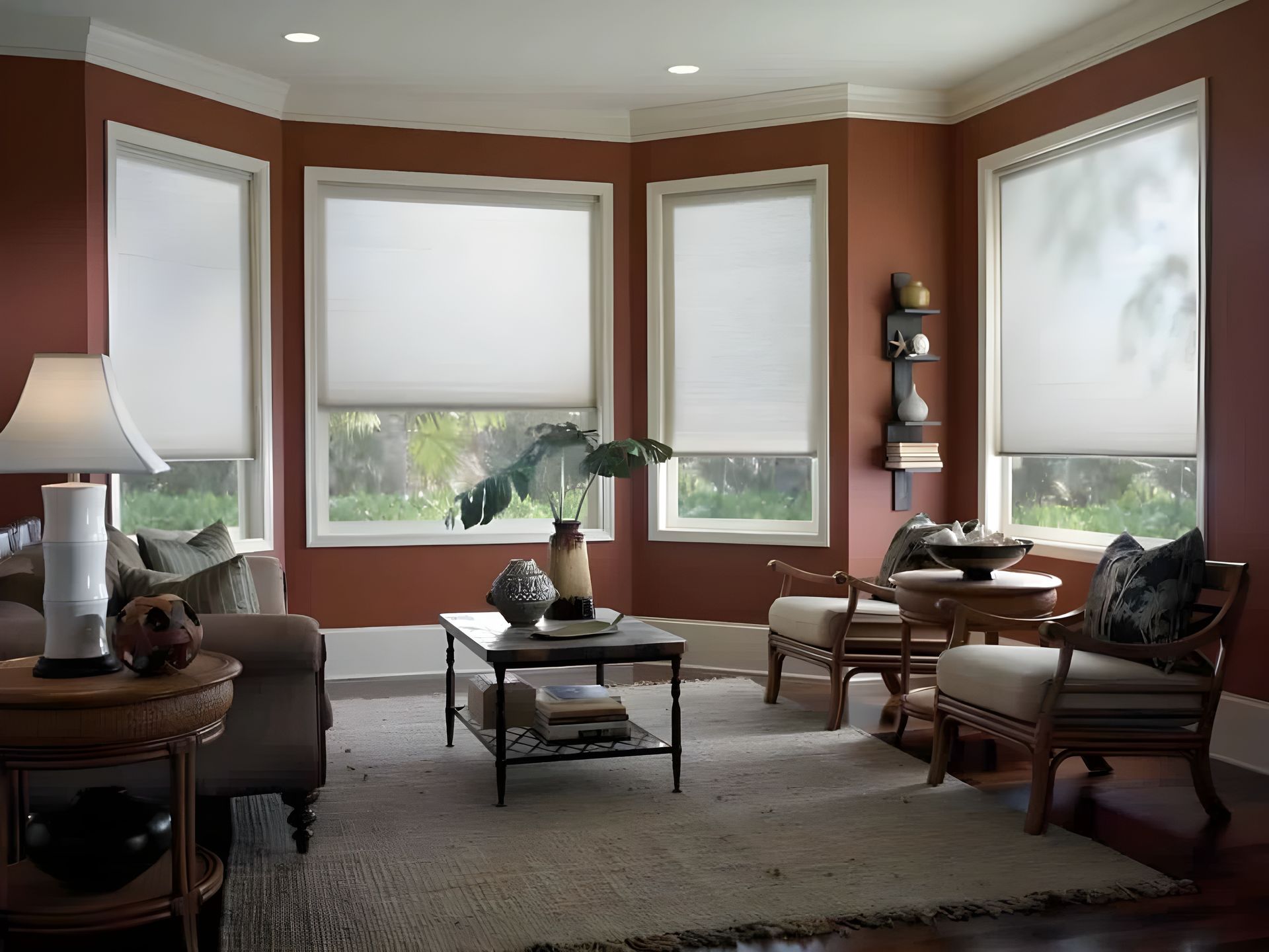 A cozy living room with a spacious couch and a large window adorned with cellular shades.