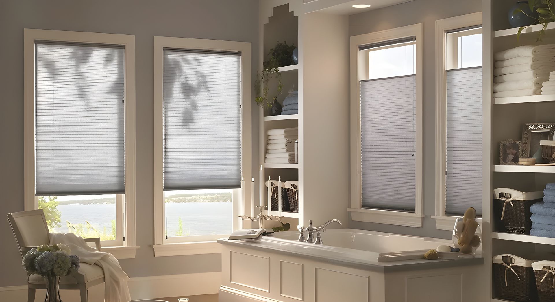 A bathroom with two windows and a tub, featuring cellular shades