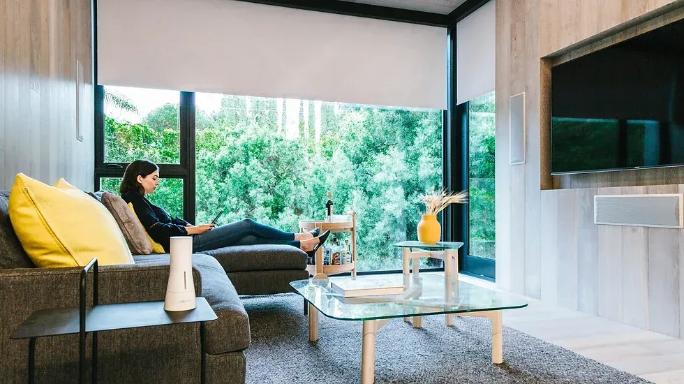 Woman on a couch by a window, featuring motorization roller shades.