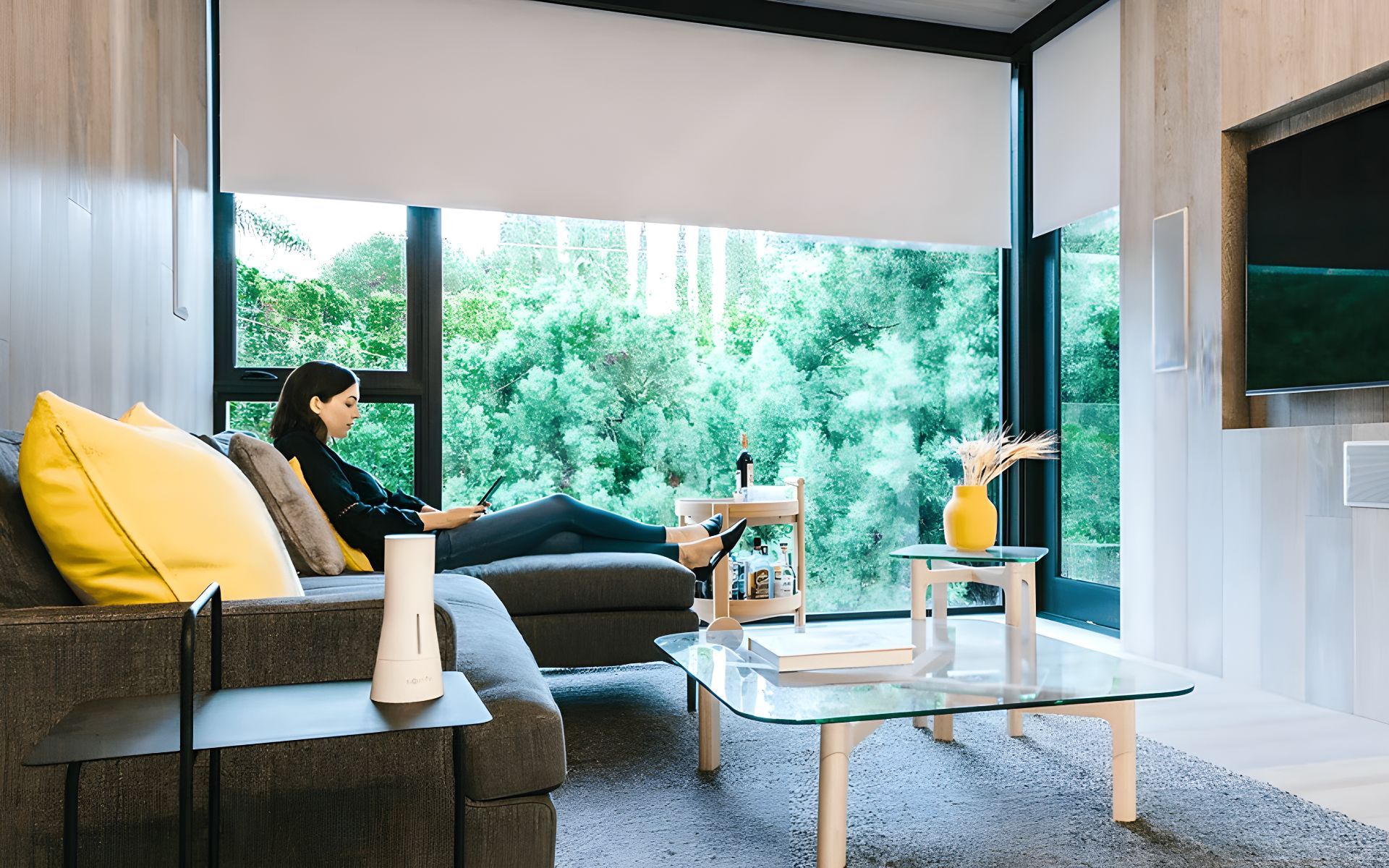 Image of a house with a patio, a sliding glass door, and outdoor motorization roller shades.
