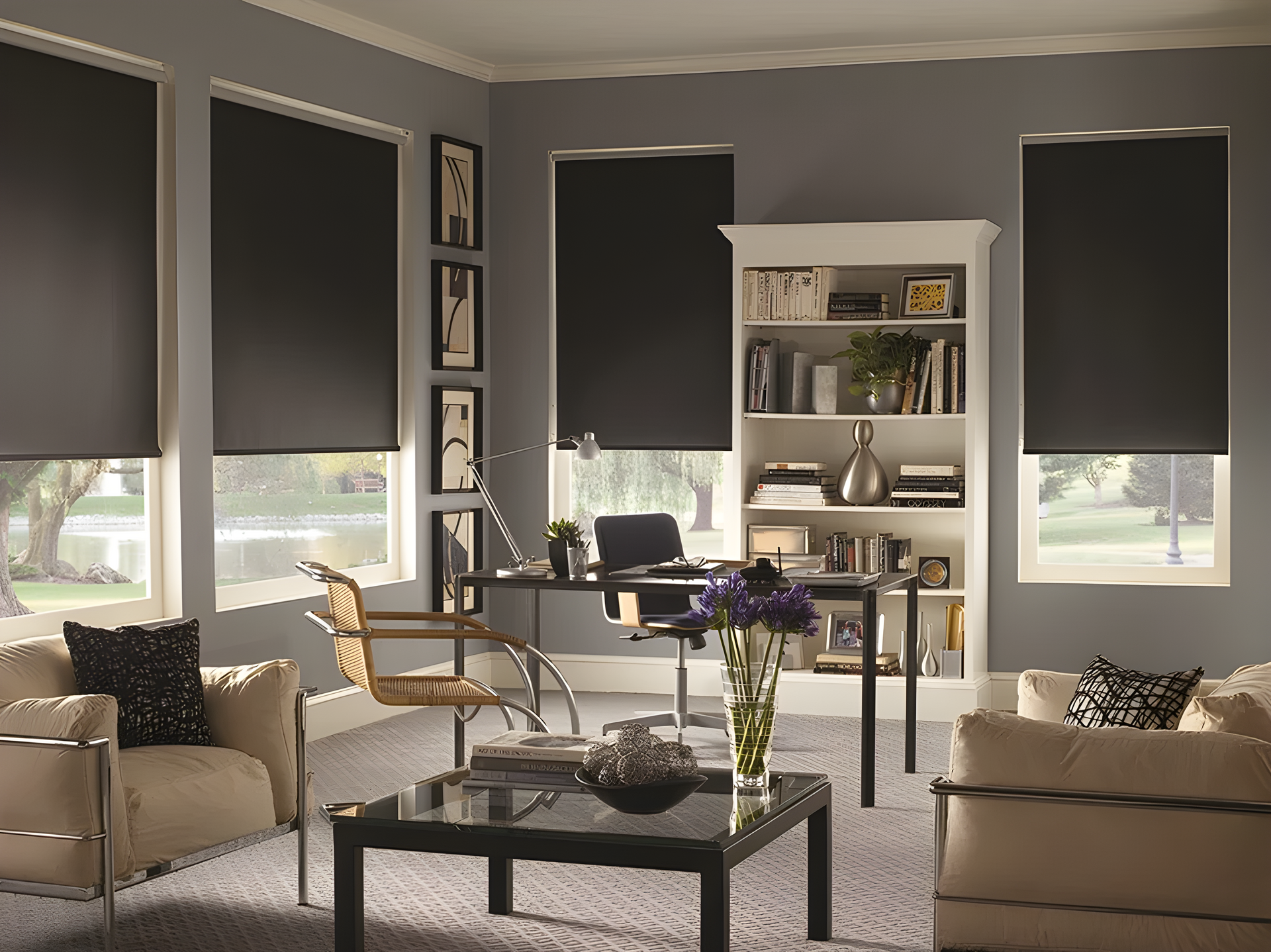 Living room with black roller shades and a couch