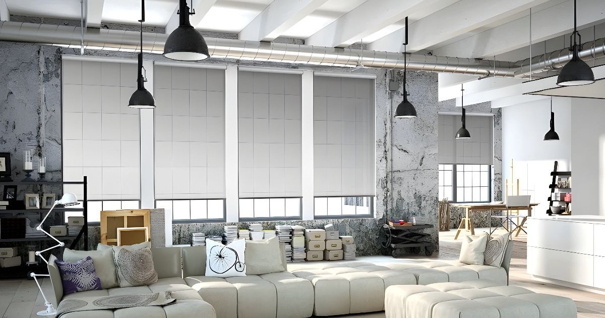 a living room with solar shade window blinds