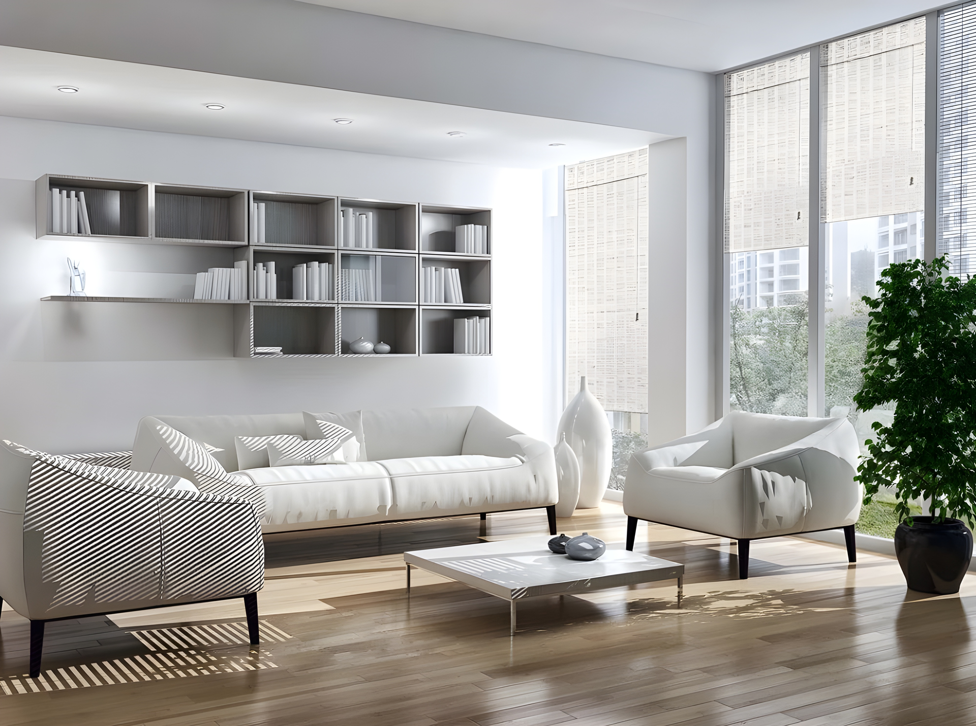 living room showcasing white furniture and a sizable window enhanced by wood woven shades.