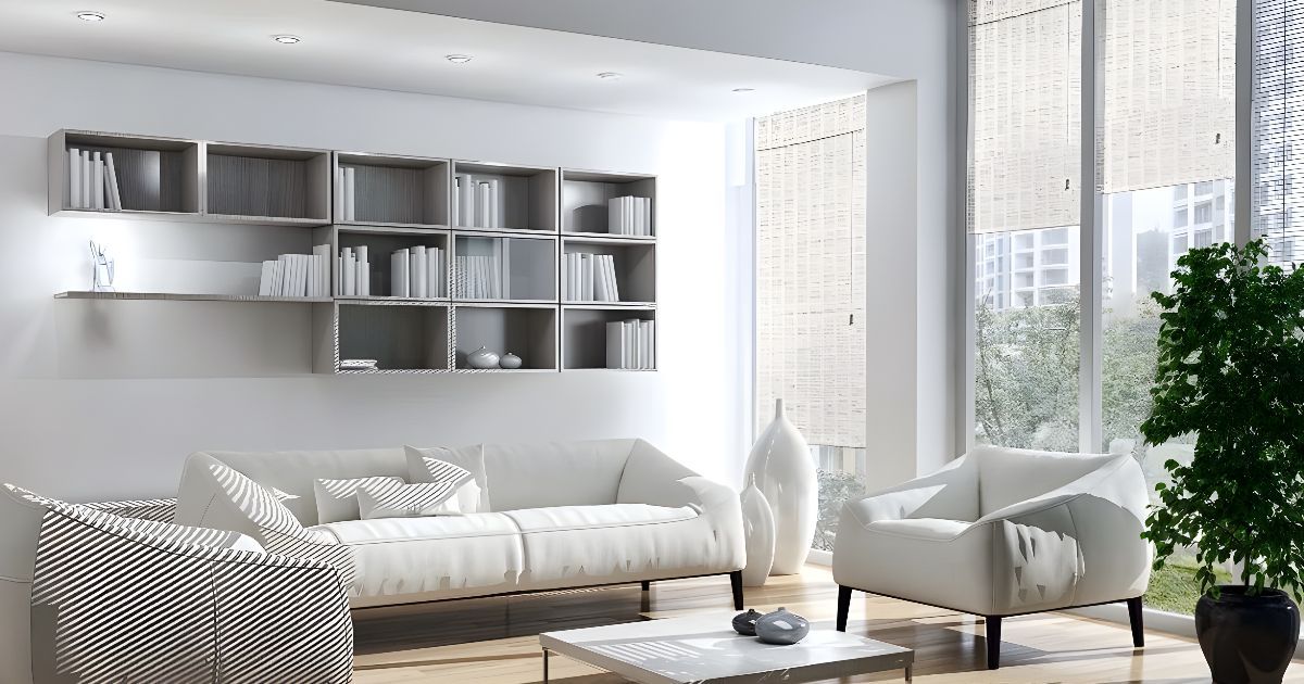 A living room with a couch , chairs , coffee table and shelves.