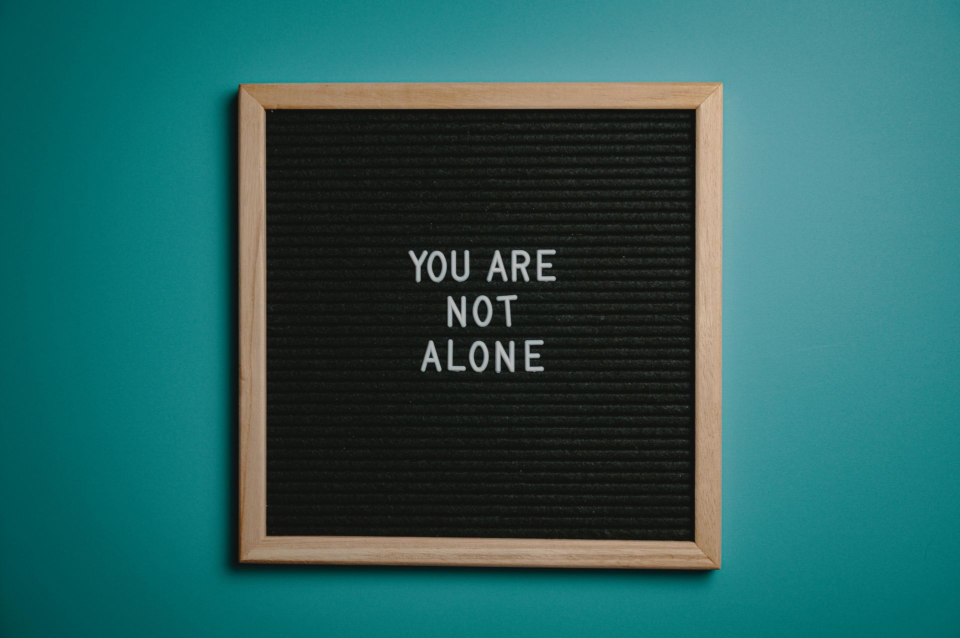 A black board with the words `` you are not alone '' written on it.