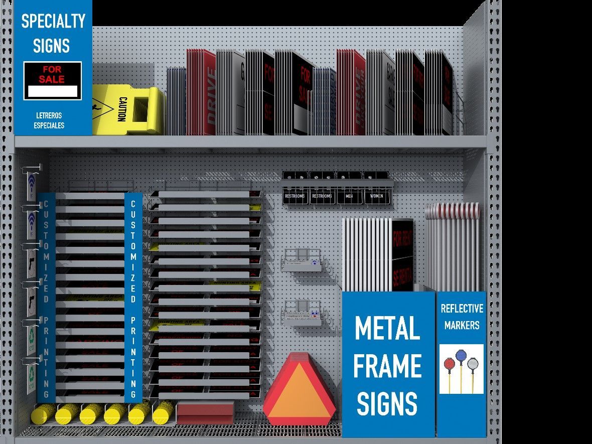 A display of specialty signs and metal frame signs