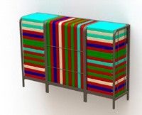 A 3d model of a colorful striped cabinet with drawers.