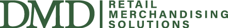 A green and white logo for dmd retail merchandising solutions