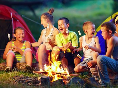 A group of children are sitting around a campfire eating marshmallows.