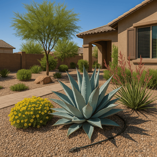 Desert garden with water fountain surrounded by agave plants and lit by evening lights.