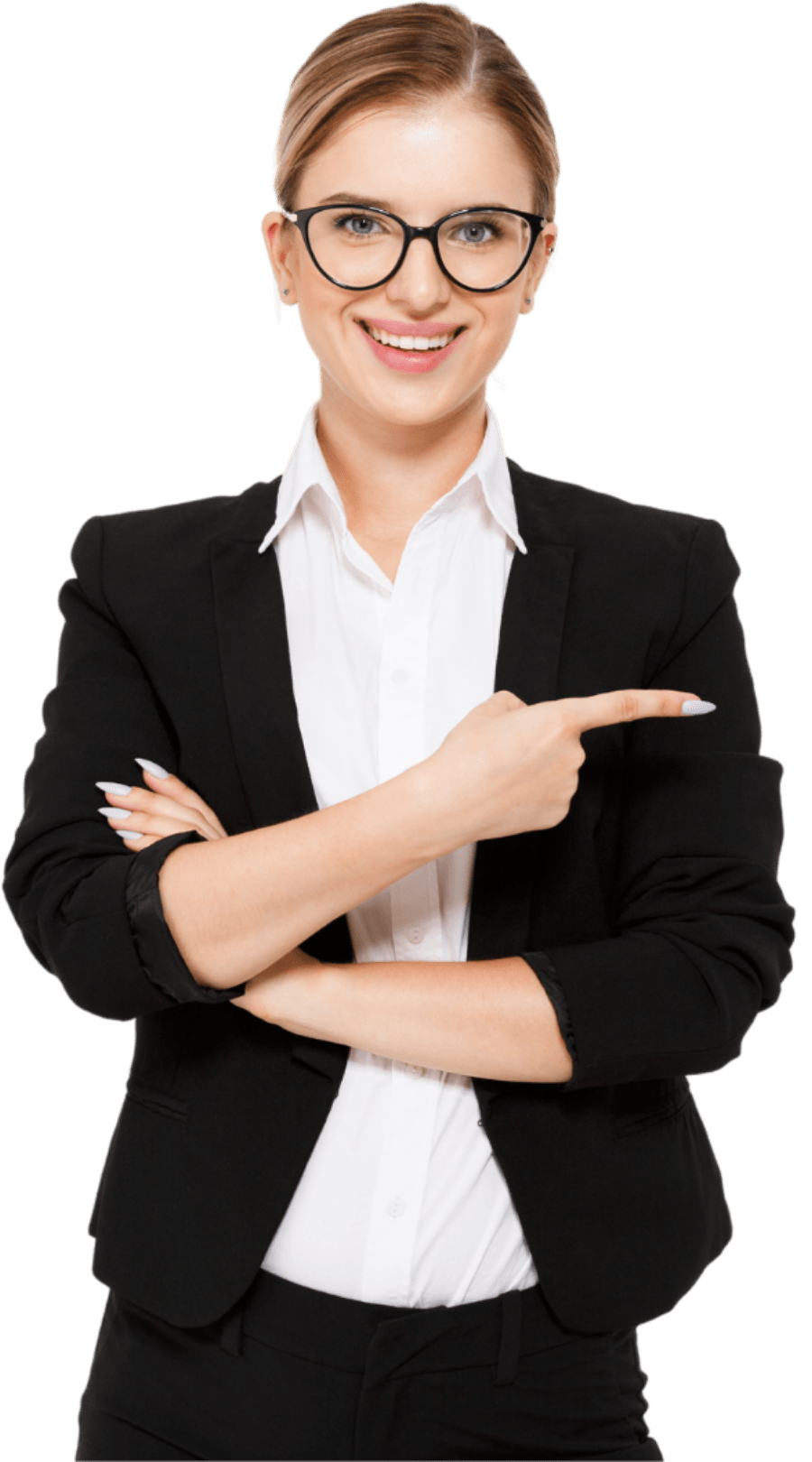 Woman in glasses and blazer points right, smiles.