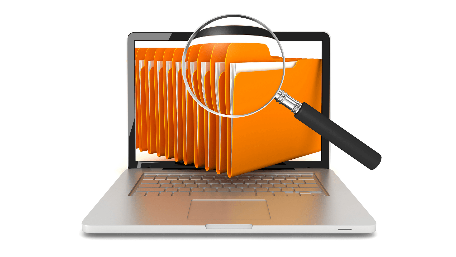 Laptop screen with orange file folders under a magnifying glass.