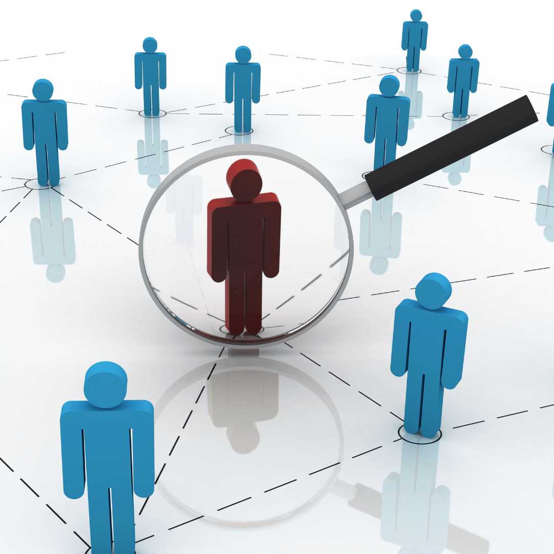 Red figure magnified amongst blue figures connected by dashed lines.