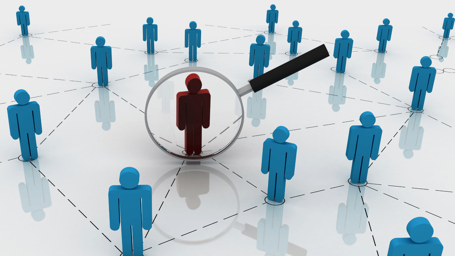 Magnifying glass over a red figure, connected to blue figures, representing a network.