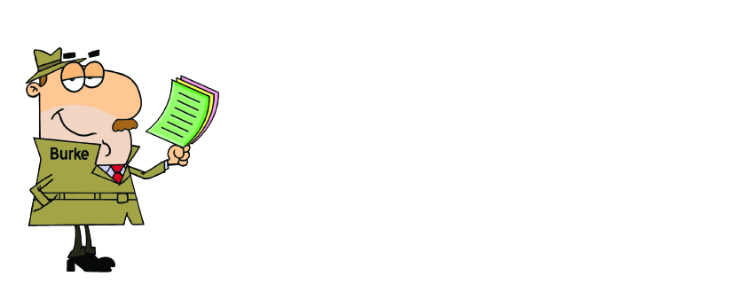 Cartoon detective, wearing trench coat and hat, holding papers.