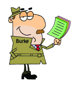Cartoon detective named Burke holding papers, smiling.