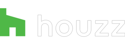 A houzz logo with a green house and white letters on a white background.