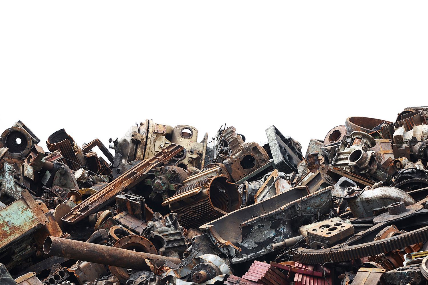 Pile of rusty scrap metal parts and machinery against a white background. Pile of rusty scrap metal parts and machinery against a white background.