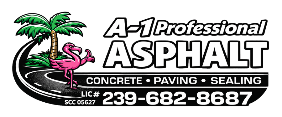 Logo for A-1 Professional Asphalt featuring a palm tree, pink flamingo, road graphic, and phone number 239-682-8687.