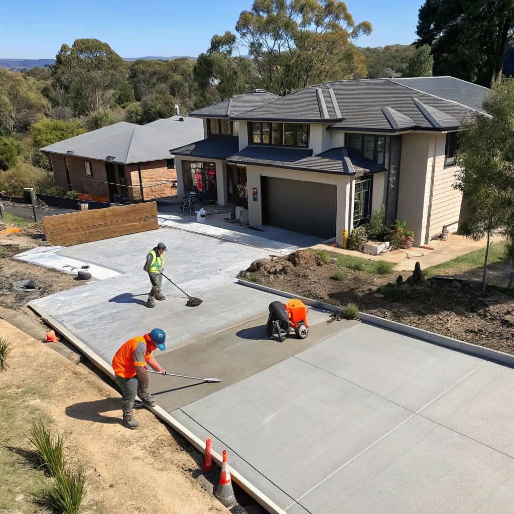 A concrete foundation for a building sits on a cleared, muddy construction site under a clear blue sky.