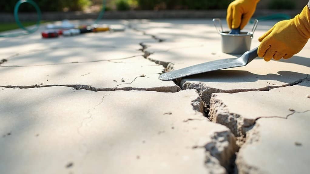 Hands in yellow gloves use a metal trowel to fill a deep crack in a concrete surface.