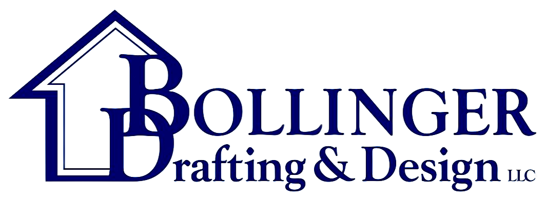 Bollinger Drafting & Design logo with blue house outline and stylized lettering