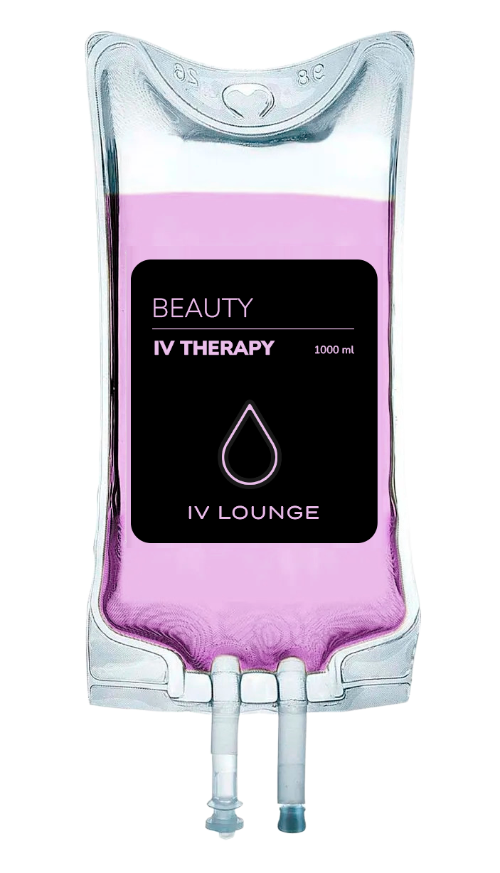 IV infusion bag with hydration solution, labeled "Beauty IV Therapy".
