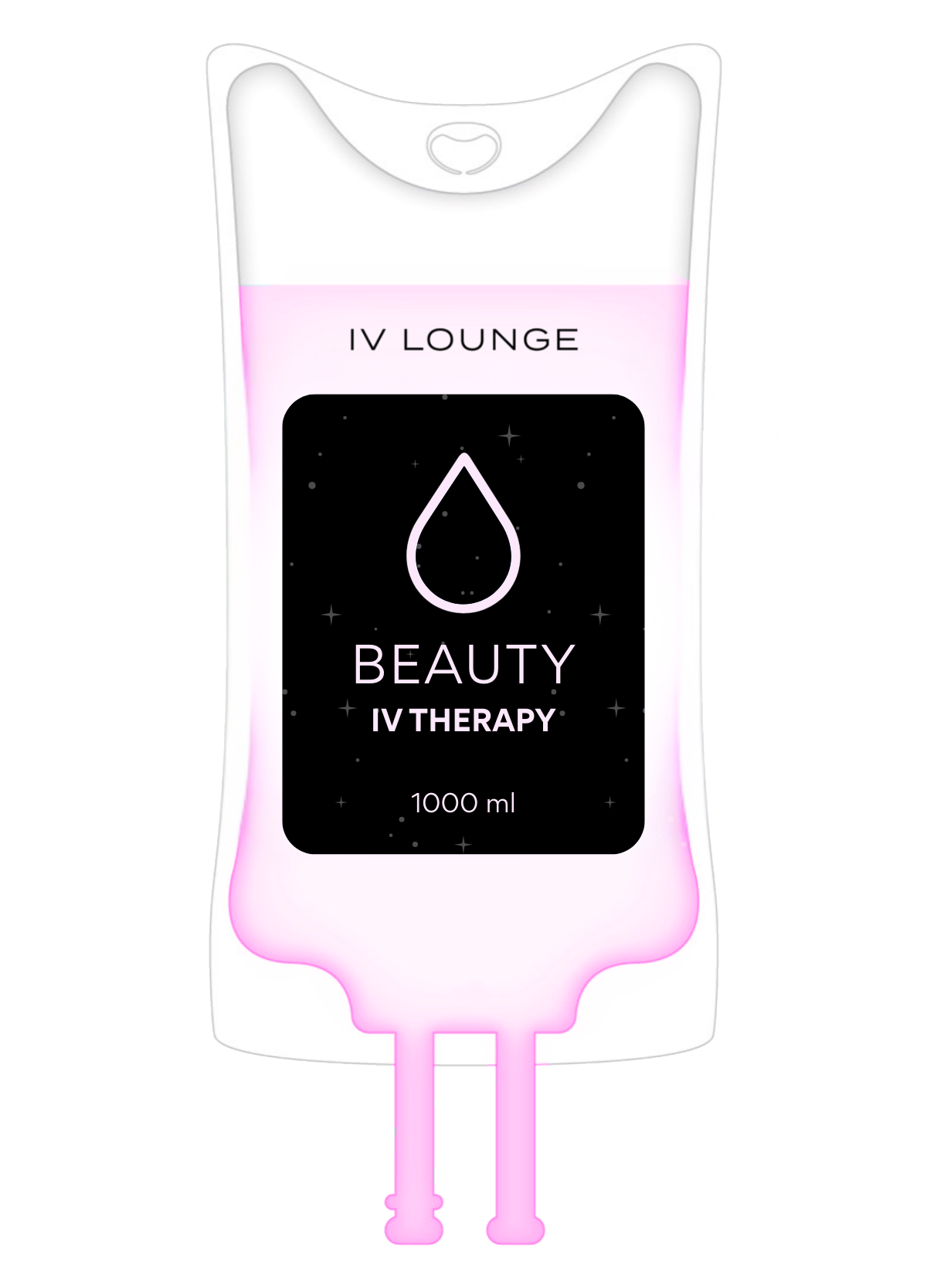 IV infusion bag with hydration solution, labeled "Beauty IV Therapy".