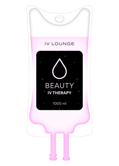 IV infusion bag with hydration solution, labeled "Beauty IV Therapy".