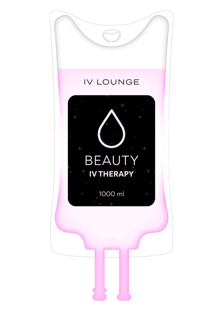 IV infusion bag with hydration solution, labeled "Beauty IV Therapy".