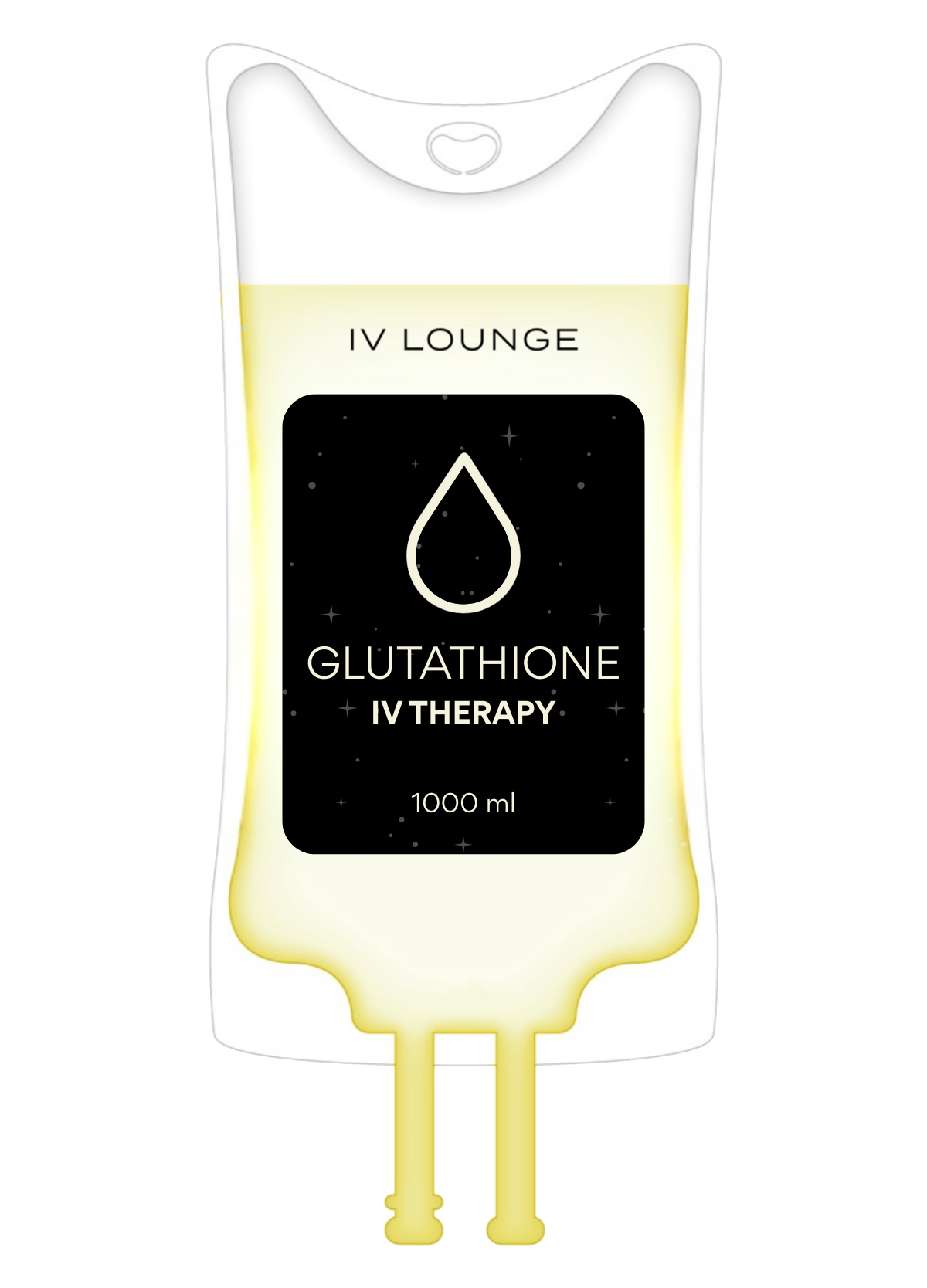 IV infusion bag with hydration solution, labeled "Glutathione IV Therapy".