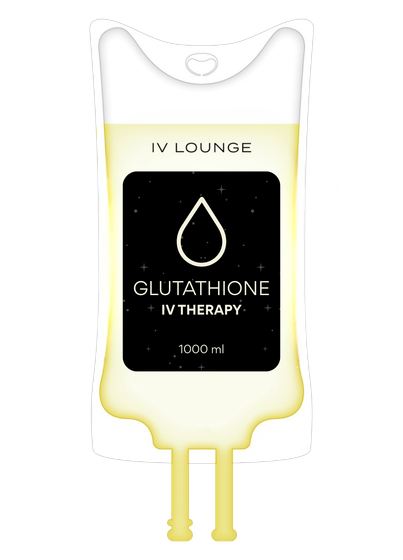 IV infusion bag with hydration solution, labeled "Glutathione IV Therapy".