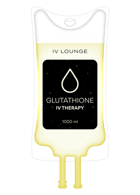IV infusion bag with hydration solution, labeled "Glutathione IV Therapy".